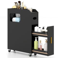 GYMAX 16 CM Slim Bathroom Cabinet, Rolling Beside Toilet Storage Cart with Toilet Paper & Brush Holder, Slide-out Drawer, 2 Lockable Wheels, Space-saving Organizer for Laundry Room, Living Room, Black