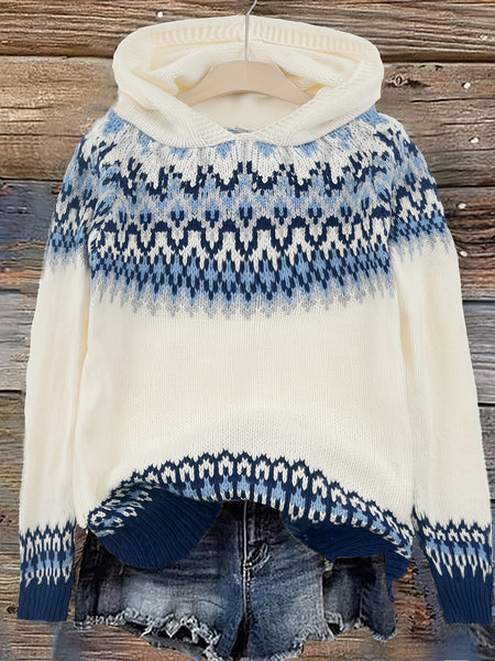 Women's Winter Hooded Jacquard Sweatshirt Style Glacier Snow Mountain Chunky Elegant Fashionable Comfortable Casual Vintage Commuter Soft Slim-Fit Top