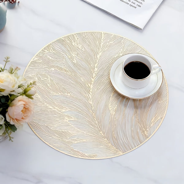 6-Pack Premium Round PVC Placemats, Elegant Gold Leaf Design, Table Protector & Easy-Clean Minimalist Mats