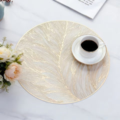 6-Pack Premium Round PVC Placemats, Elegant Gold Leaf Design, Table Protector & Easy-Clean Minimalist Mats