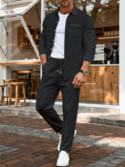 Spring And Autumn Men's Long Sleeved Pants with A Sense Of Luxury And Retro Temperament Featuring Lapel Pockets And Button Long Sleeved Jackets And Versatile Casual Pants Men's 2pcs Clothing Set