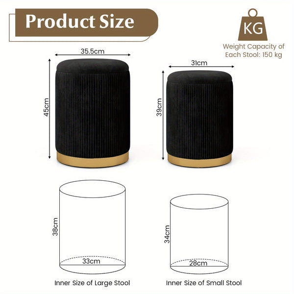 COSTWAY Velvet Storage Ottoman Set of 2 with Golden Stainless Steel Hoop, Ottoman Storage Bench