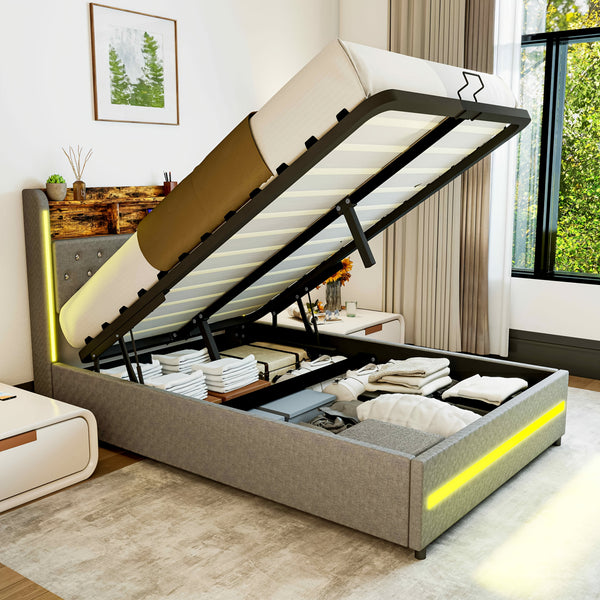 Upholstered Ottoman Bed/ 4 Drawer Storage Bed, 4ft6 Double Bed Frame with Storage & LED & USB, Gas Lift Up Storage Bed Hydraulic Upholstered Bed with Storage Headboard&Slats, Linen, No Mattress, Grey (Optional Purchase Of Mattress)