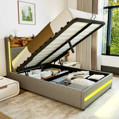 Upholstered Ottoman Bed/ 4 Drawer Storage Bed, 4ft6 Double Bed Frame with Storage & LED & USB, Gas Lift Up Storage Bed Hydraulic Upholstered Bed with Storage Headboard&Slats, Linen, No Mattress, Grey (Optional Purchase Of Mattress)