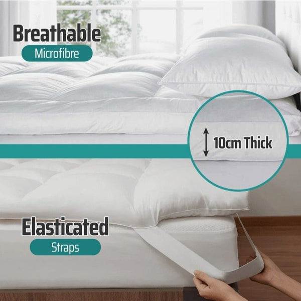1pc Extra Thick Mattress Topper, Overfilled with 10cm Microfiber Filling with Deep Pocket, Plush Soft Pillow Top Mattress Topper Anti-Shift & Even Weight Distribution Single/Double/King/Super King