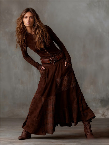 A Retro-Style Maxi Dress Featuring a Stand Collar, Single-Breasted Buttons, And a Waist-Cinched Design with Pockets And a, Adorned with Contrasting Check Patterns, Ideal for Daily Wear And Vintage-Themed Events