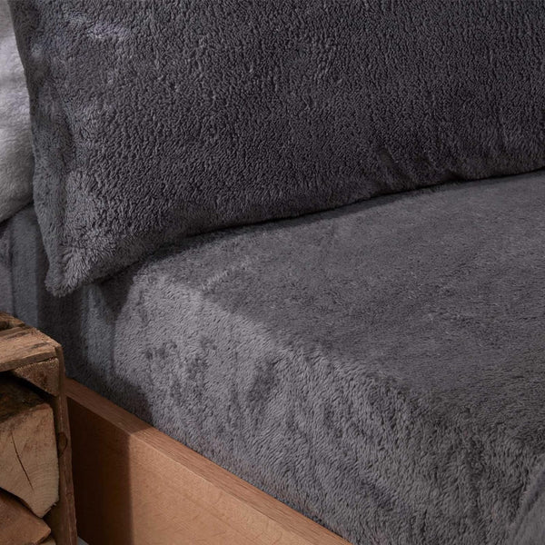 Brentfords Teddy Fleece Fitted Bed Sheet Plain Thermal Warm Soft Luxury Bedding, Charcoal Grey - Double