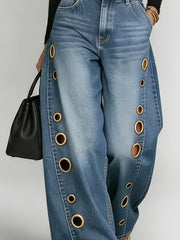 New Retro Style Denim Jeans for Women, with Metal Eyelets Designed for Casual And Loose Fit, High Waisted And Wide Leg Jeans, Street Cool Women'S Clothing, Black Retro Blue Light Blue Women'S Straight Leg Denim Pants