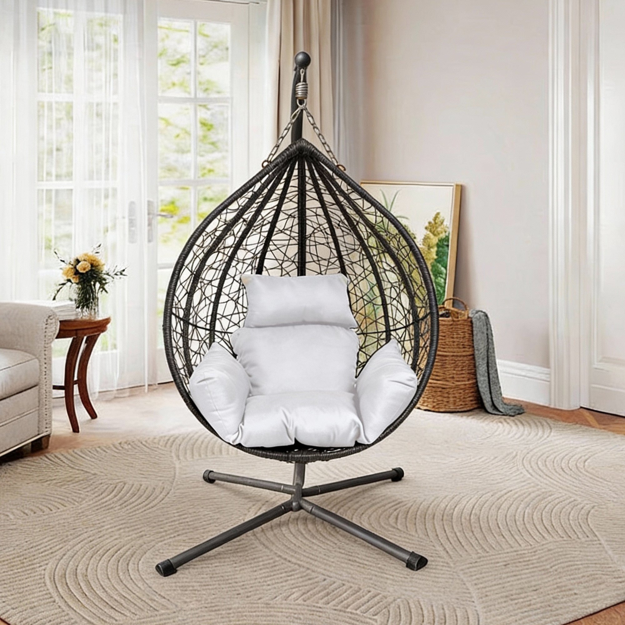 Garden Hanging Swing Egg Chair Patio Indoor Outdoor With Cushion & Stand Hammock Black & White