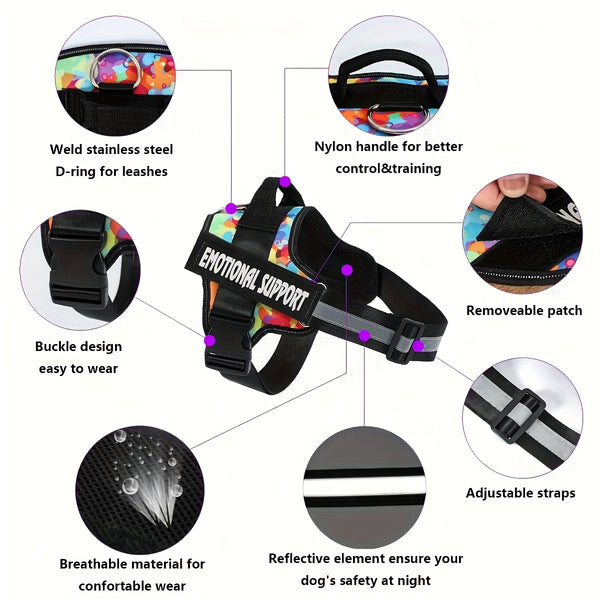 Basic Dog Harness for Emotional Support Dogs Non-Tension Reflective Adjustable Non-Choking Pet Vest Straps with Handles for Easy Walking And Training for Small Medium And Large Dogs