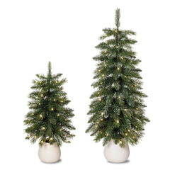 3Ft (90Cm) Silver Glitter Potted Trees with LED Lights- Set of 2