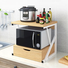 Microwave Oven Shelf Stand with Drawer, 2-Tier Kitchen Countertop Storage Rack Spices Rack Freestanding, Home Office Printer Stand Multifunctional Unit Shelving Wood Top Metal Frame