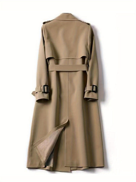 Women's Beige Knee-Length Coat - Elegant Loose-Fit Over Jacket with Front buttons & Zipper Closure, Non-Stretchy Outerwear for Petite Women, Fall Winter Formal & Casual Events (Machine Washable), Seasonal Fashion, Classic Design, Polished Finish, Office W