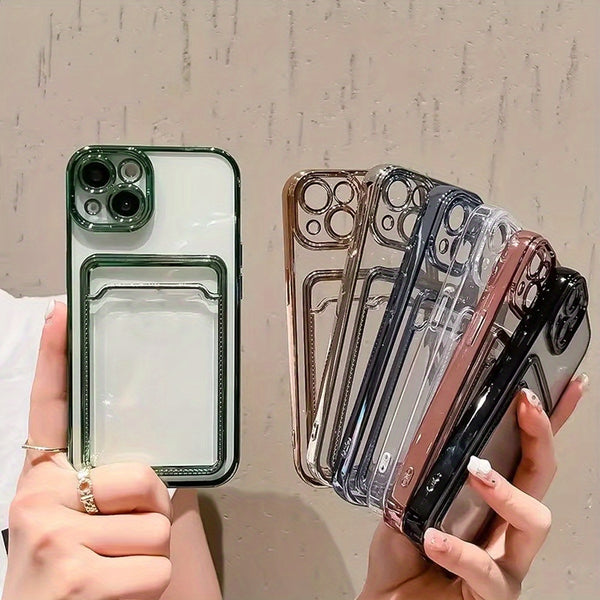 Phone case: Electroplated Transparent Card Slot Holder Case for iPhone 15 14 Plus 13 12 11 Pro Max Plating Photo Pocket Shockproof Cover