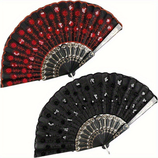 1/ 2pcs Vintage Embroidered Sequins Hand Fan Folding Handheld Fan, for Wedding Party Dance Group Events