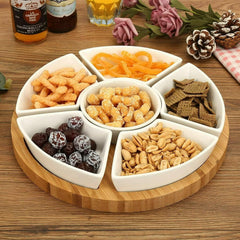 Christmas Divided tray as condiment bowl & snack platter, white buffet set for parties Rotating Snack Tray with 6 Removable Bowls Ceramic Divided Rotating Ceramic Serving Platter with Cover, Lazy Susan Storage Box for Taco Toppings, Snacks, Dip Sauces, Ki