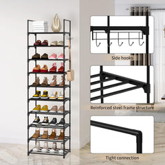Shoe Rack 10 Tiers Shoe Storage Organiser, Sturdy Space-saving Shelf Tall Shoe Racks, Up to 20-25 Pairs Narrow Shoes Rack Stand for Dress Bedroom, Bathroom, Hallway, Outdoor, 30D x 40W x 175H cm,Black