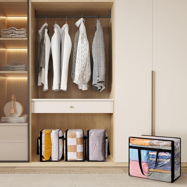 Lifewit 4 Pack Clear Plastic Storage Bags, 40L Foldable Clothes Storage Boxes Wardrobe Organizer Moving Bags with Reinforced Handle for Loft Wardrobe for Bedding Clothes Blanket Duvet