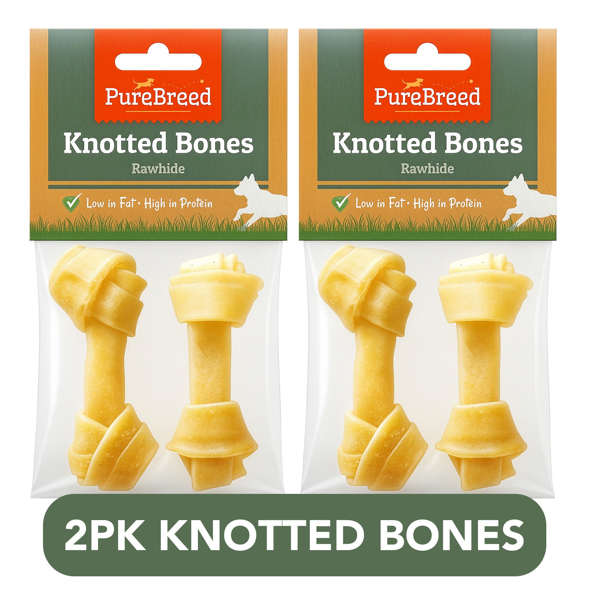 Pure Breed 2 Pack Knotted Rawhide Dog Chew Bones | Long Lasting Dog Chew Treats | High Protein Low Fat Dog Snacks | Puppy & Adult Dog Chew Bones for Indoor or Outdoor Use