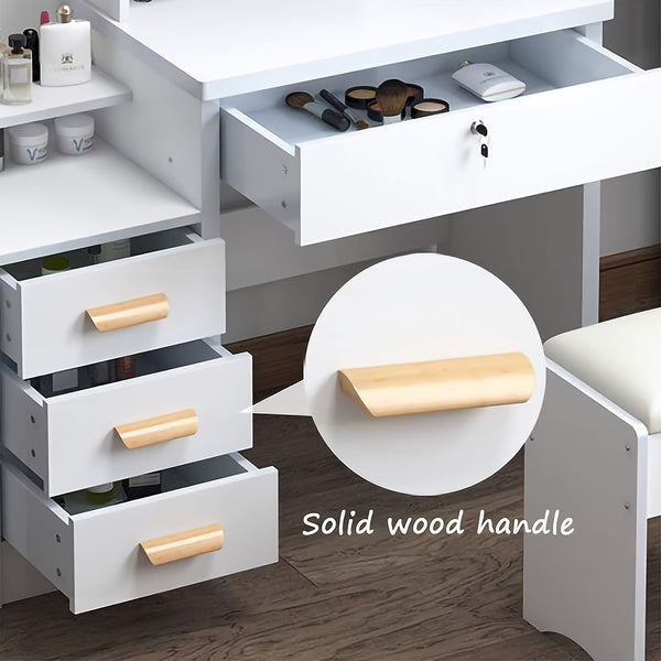Dressing Table with LED Lights And Adjustable Brightness, Vanity Desk with Mirror, 4 Drawers, 6 Hidden Shelves, And Stool, Makeup Desk for Bedroom, Modern Makeup Table with Mirror And Chair (White)