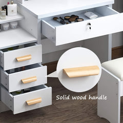 Dressing Table with LED Lights And Adjustable Brightness, Vanity Desk with Mirror, 4 Drawers, 6 Hidden Shelves, And Stool, Makeup Desk for Bedroom, Modern Makeup Table with Mirror And Chair (White)