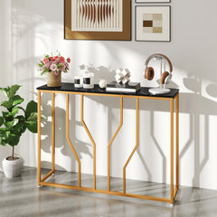 GYMAX Gold Console Table, 110 cm Modern White Entryway Table with Faux Marble Tabletop, Geometric Metal Frame, Narrow Behind Sofa Table Foyer Table for Living Room, Hallway, Entrance, Black
