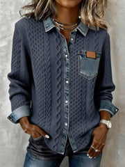 Women's Patchwork Denim Shirt Autumn/Winter Fashion Long-Sleeved Cardigan Versatile 2pcs Style Denim Collar Top Casual Vintage Aesthetic Ideal for Autumn/Winter Commuting, Office Wear, Casual Outings, and Layering