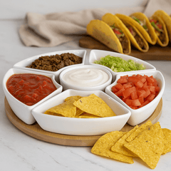 Christmas Divided tray as condiment bowl & snack platter, white buffet set for parties Rotating Snack Tray with 6 Removable Bowls Ceramic Divided Rotating Ceramic Serving Platter with Cover, Lazy Susan Storage Box for Taco Toppings, Snacks, Dip Sauces, Ki