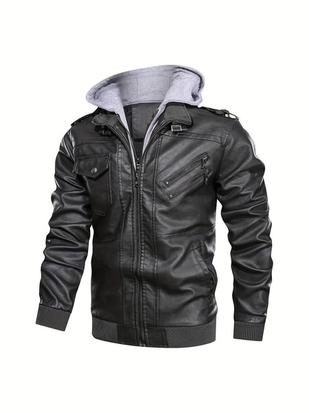 2907 Cross-Border New Double-Zipper Hooded Faux Leather Jacket Men'S Casual Fashion Motorcycle Jacket Men'S Korean Version Trendy Solid Color Coat Men