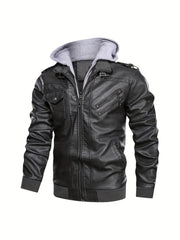 2907 Cross-Border New Double-Zipper Hooded Faux Leather Jacket Men'S Casual Fashion Motorcycle Jacket Men'S Korean Version Trendy Solid Color Coat Men