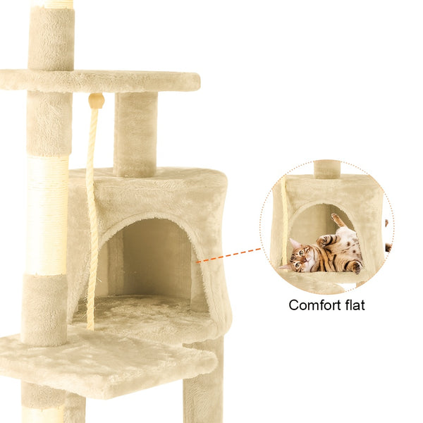 A Luxurious Beige Cat Tree, Super Large And Four Stories High, Featuring a Scratching Post, a Hanging Ball, And a Snug Little House. an Ideal Present for Indoor Cats, This Cat Tower Includes a Litter Area And a Scratching Board