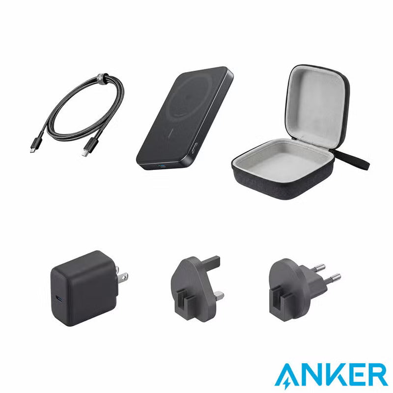 Anker Travel Bundle with Maggo Power Bank (10K, Slim), 40W Wall Charger with US/UK/EU Plugs, 60W USB-C to USB- C Cable (1.8 M/6 Ft), and Travel Case