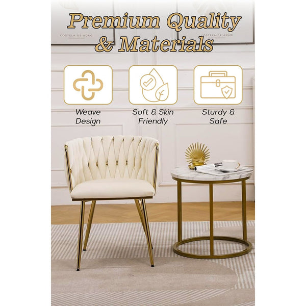 Set of 2 x Luxury Velvet/Metal Upholstered Seat Woven Dining Kitchen Home Restaurant Bar Pub Stool Chair (Cream/Gold)