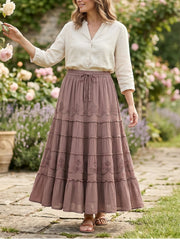 Women’s Vacation Tiered Maxi Skirt Elastic Waist Floral Embroidery Ruffle Hem - 20001
