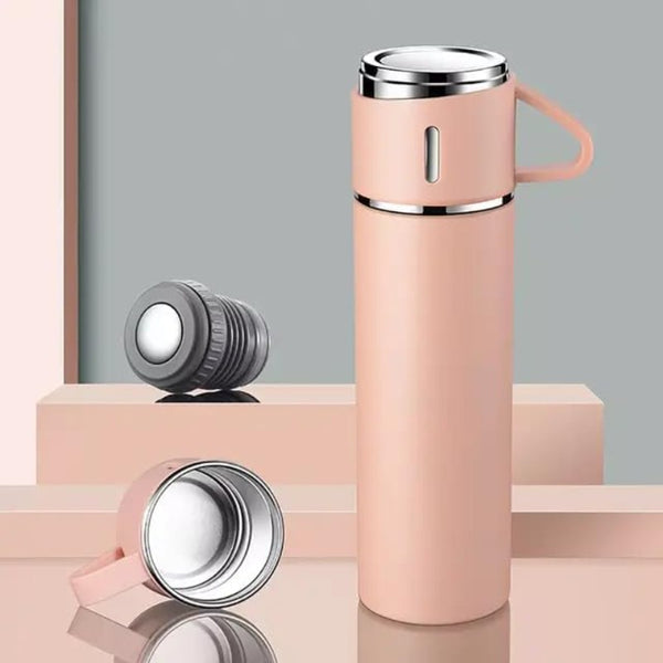 1 Set 500ml/16.9oz Stainless Steel Vacuum Insulated Bottle with 3 Cups Food-Contact Safe, Hot & Cold Insulation, Portable Leak-Proof Design – Perfect for Daily Use, Office, Travel & Ideal Gift for Her