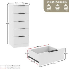 Modern 5 Drawer Narrow Chest of Drawers Dresser Space Saving Storage Organizer Bedroom Furniture