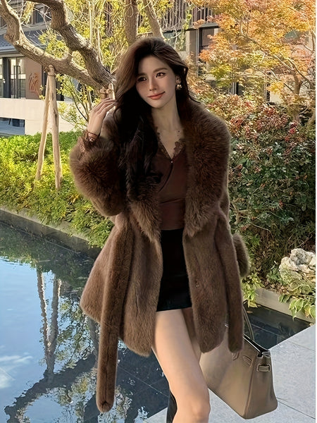 Fashion Imitation Coat Furcollar Lace-up Mid-length Belt Coat Women's Autumn and Winter Design Warm Top