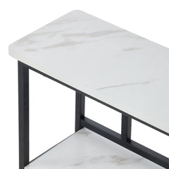 Sofa Side Table for Narrow Spaces, 2-Tier White Marble & Black Steel Shelf, 80cm Slim Console for Behind Couch, Organizer for Remote, Books, Living Room, 80*20*100cm