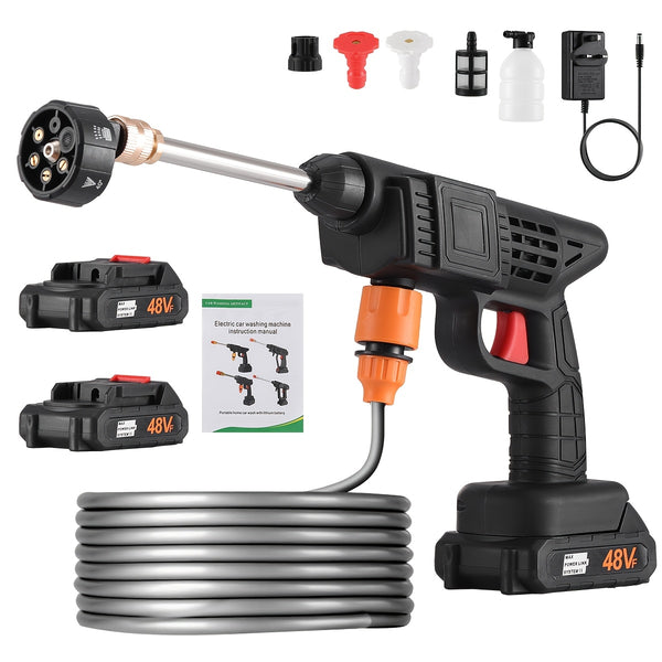 1500W Portable Cordless High Pressure Electric Car Wash - Equipped with 6-In-1 Nozzle, Handheld Car Wash Gun, for Car Wash/Home/Floor/Garden Cleaning, Includes 2 X 6000Mah Batteries