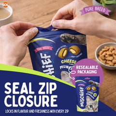 Pure Breed Mischief Cat Treats 6 Pack | Cheese Flavour Pillow Snacks for Cats | Crunchy Outer & Creamy Centre | Low Calorie Cat Bites (Only 2 kcal Each) | Natural Resealable Cat Treat Pouches for Everyday Rewards