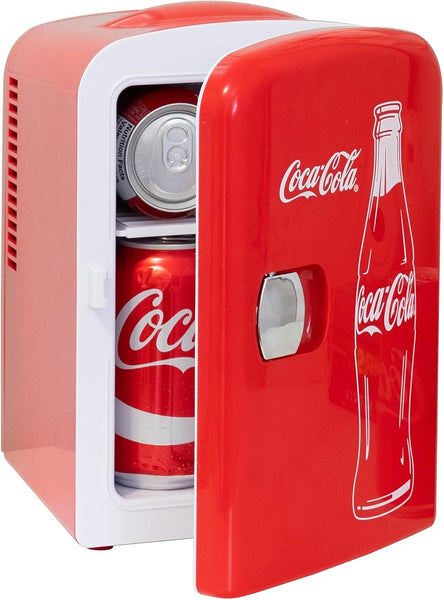 Coca Cola Classic Mini Fridge - Refrigerator for Bedroom Skincare Office, Portable Table Top Beverage Cooler, 12V DC/220V AC Refrigerador for Drinks, Soda, Wine, Use in Car, Dorm, Patio, 6 Can