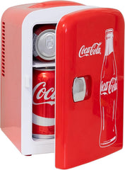 Coca Cola Classic Mini Fridge - Refrigerator for Bedroom Skincare Office, Portable Table Top Beverage Cooler, 12V DC/220V AC Refrigerador for Drinks, Soda, Wine, Use in Car, Dorm, Patio, 6 Can