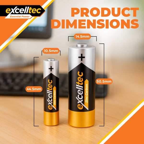Excelltec 40pk x AA + 40pk x AAA Zinc Carbon Batteries | 1.5V Long-Lasting Household Battery Pack | Reliable Everyday Power for Toys, Remotes, Flashlights & Clocks | Bulk Home & Office Supply