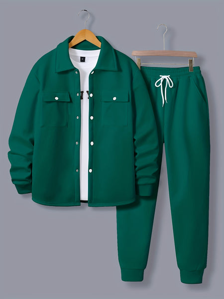 Men'S Fashionable Versatile Lapel Genuine Pocket Outwear Long Sleeve Jacket And Drawstring Solid Color Pocket Pants 2pcs Set