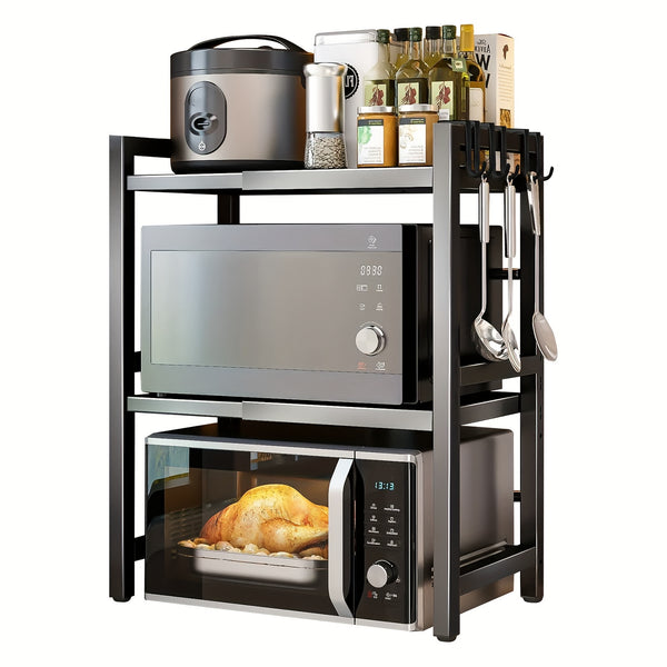 2/3 Layer Expandable Kitchen Microwave Stand with 6 Hooks, Designed for Efficient Utensil Organization, Adjustable Width Fits Most Microwaves, Promoting Orderliness And Ease In The Kitchen Festival Gifts