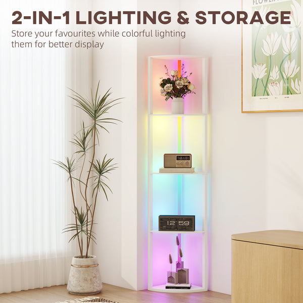 LED Floor Lamp with Shelves, 5-Tier Dimmable Standing Lamp with Adjustable Brightness and Foot Switch, Modern Corner Display Shelf Unit for Living Room Bedroom Office