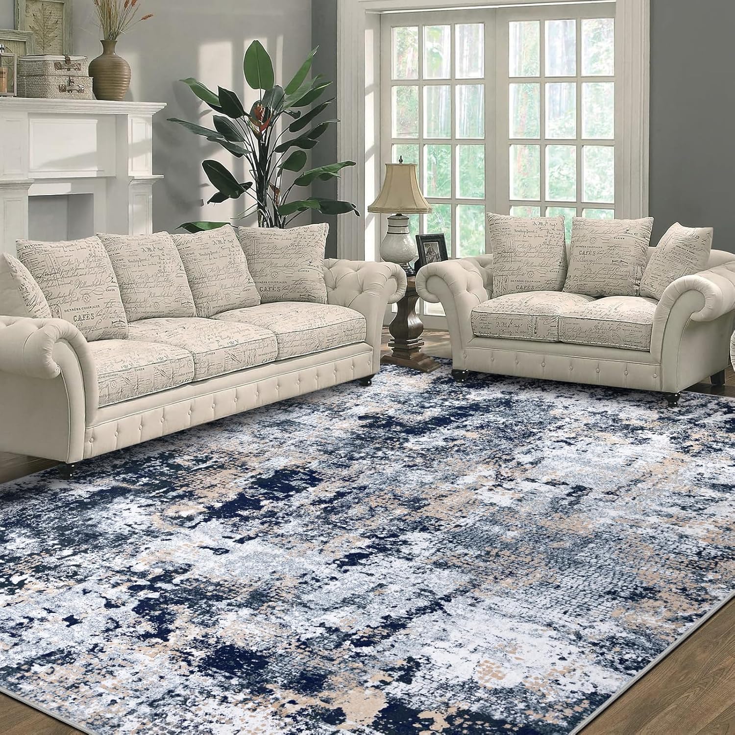 Capslpad Navy Blue Abstract Area Rug 200x300cm | Modern Short Pile Soft Faux Wool, Machine Washable, Non Slip, Minimalist Floor Mat for Living Room, Bedroom, Office, Kitchen Decor