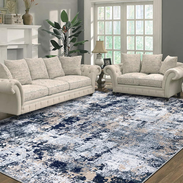Capslpad Navy Blue Abstract Area Rug 200x300cm | Modern Short Pile Soft Faux Wool, Machine Washable, Non Slip, Minimalist Floor Mat for Living Room, Bedroom, Office, Kitchen Decor