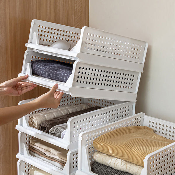 4 Pack Stackable Folding Clothing Storage Basket Drawers Wardrobe Closet Organizer Plastic Clothes Partition Shelf Stackable Hamper Bathroom, Bedroom, Office