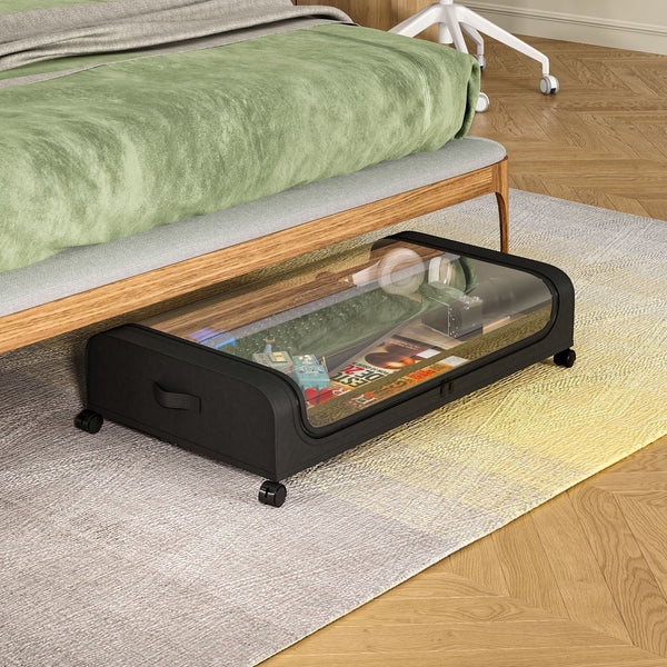 2 Sets, Underbed Storage Box, Underbed Storage Box with Wheels Lid, 96L Metal Frame, Bed Box, Organiser, Storage Bag, Foldable Underbed Box for Clothes, Shoes, Blankets, Bedding, Black, Under-Bed Storage